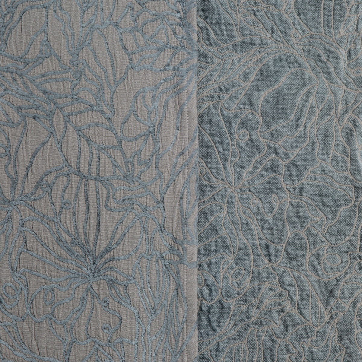 Close-up of Fog Georgia bedspread showing floral embroidery detail on reverse and face sides.