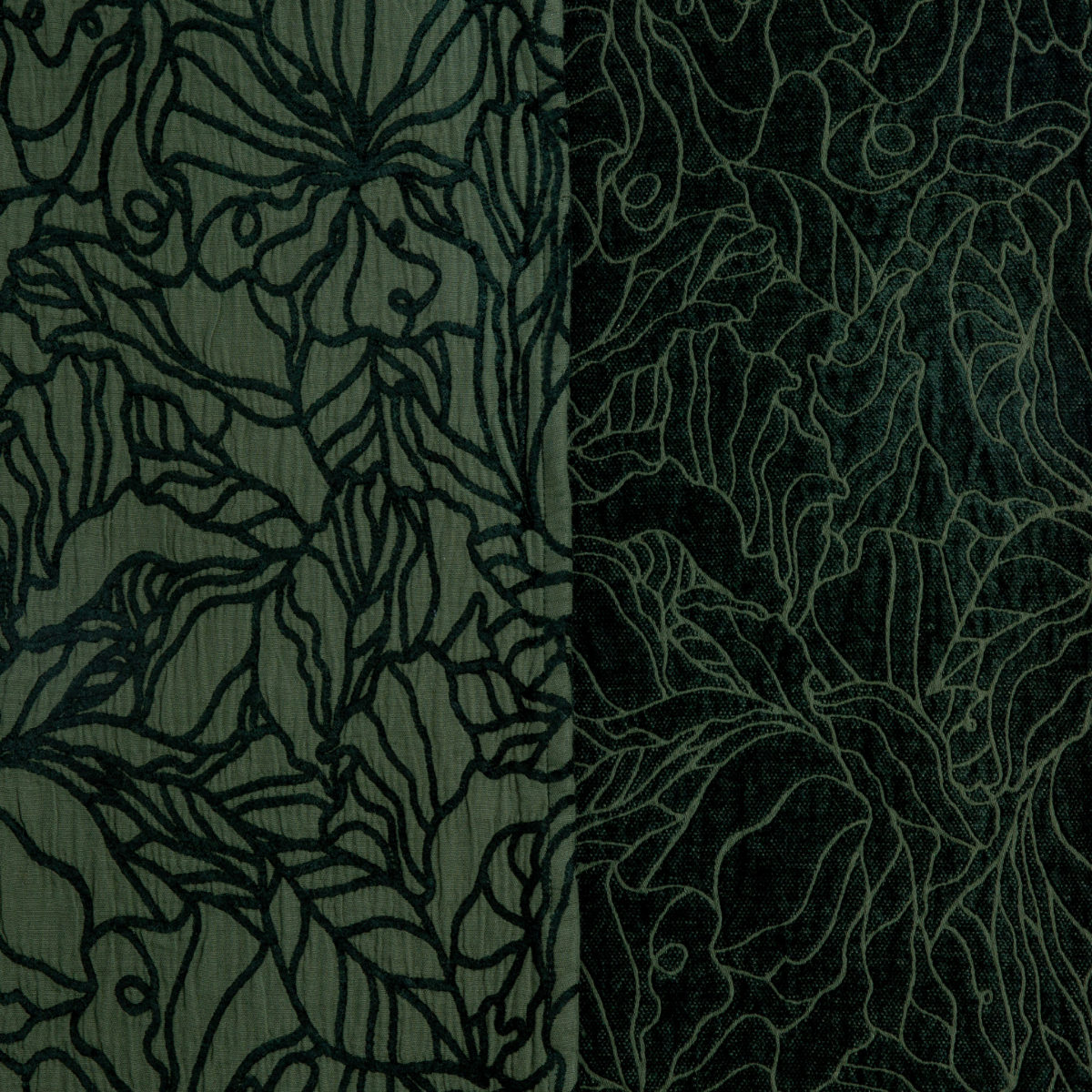 Close-up of Juniper Georgia fabric showing two-sided floral embroidery contrast in deep green tones.