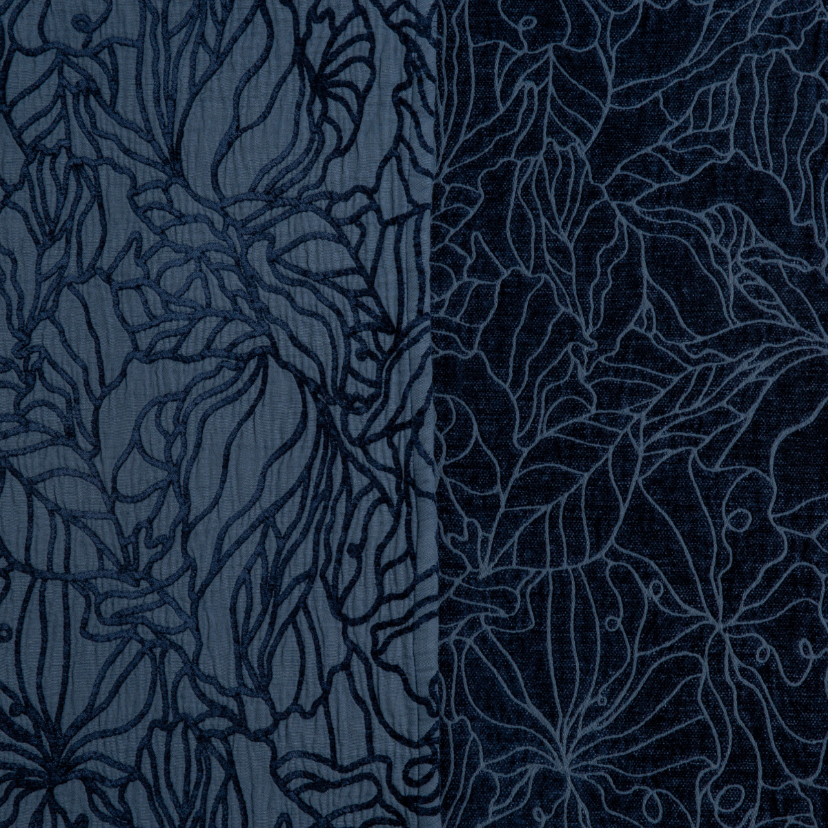 Close-up of Midnight Georgia bedspread showing two-tone navy floral embroidery detail side by side.