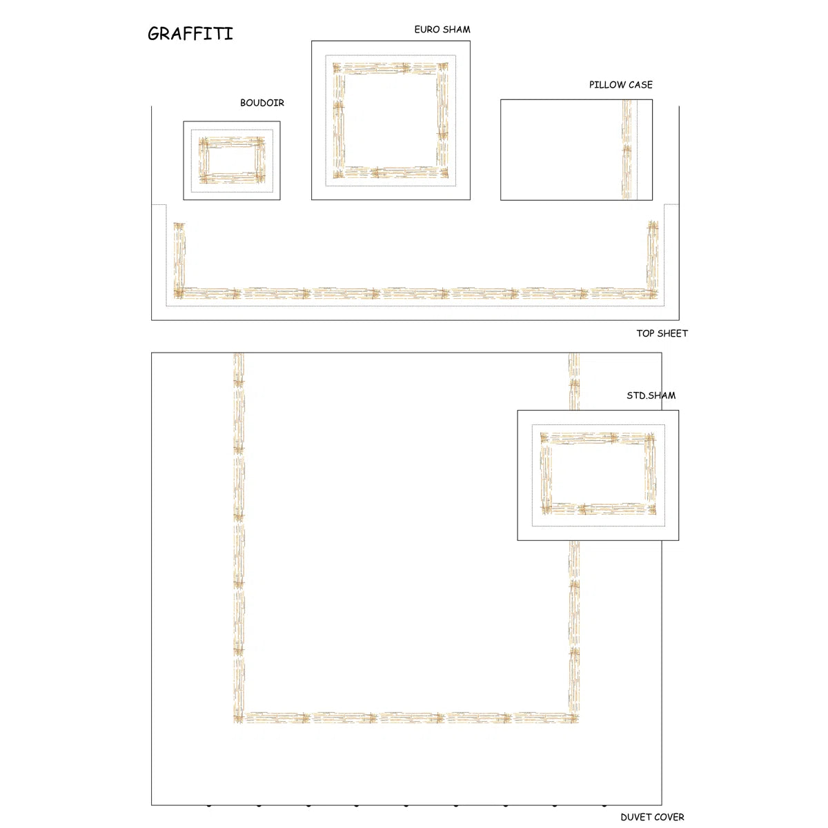 Diagram of a bedding set layout with different components labeled on a white background.