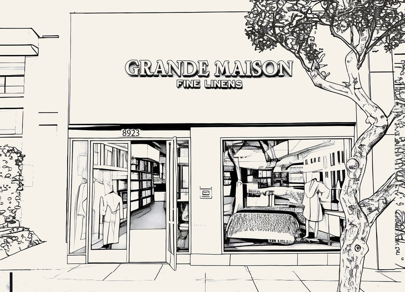 Sketched image of the Grande Maison storefront at 8923 Beverly Blvd in West Hollywood