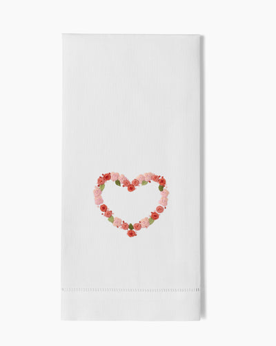 Henry Handwork white linen hand towel with pink and red floral heart wreath embroidery.