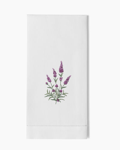 Henry Handwork white linen hand towel with embroidered lavender botanical motif.