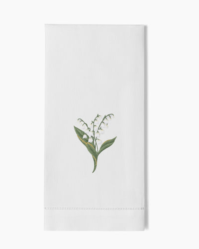 Henry Handwork white linen hand towel with lily of the valley botanical embroidery.