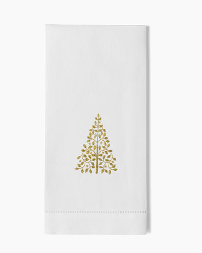 Henry Handwork Mod Tree white linen hand towel with gold embroidered Christmas tree.