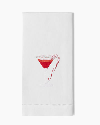 Henry Handwork Peppermint Martini white linen hand towel with embroidered cocktail motif.
