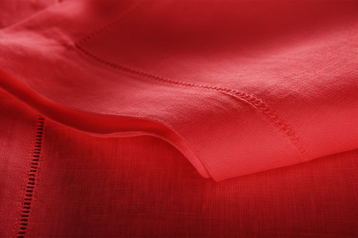Close-up of crimson linen hemstitch detail on Noël table runner edge.