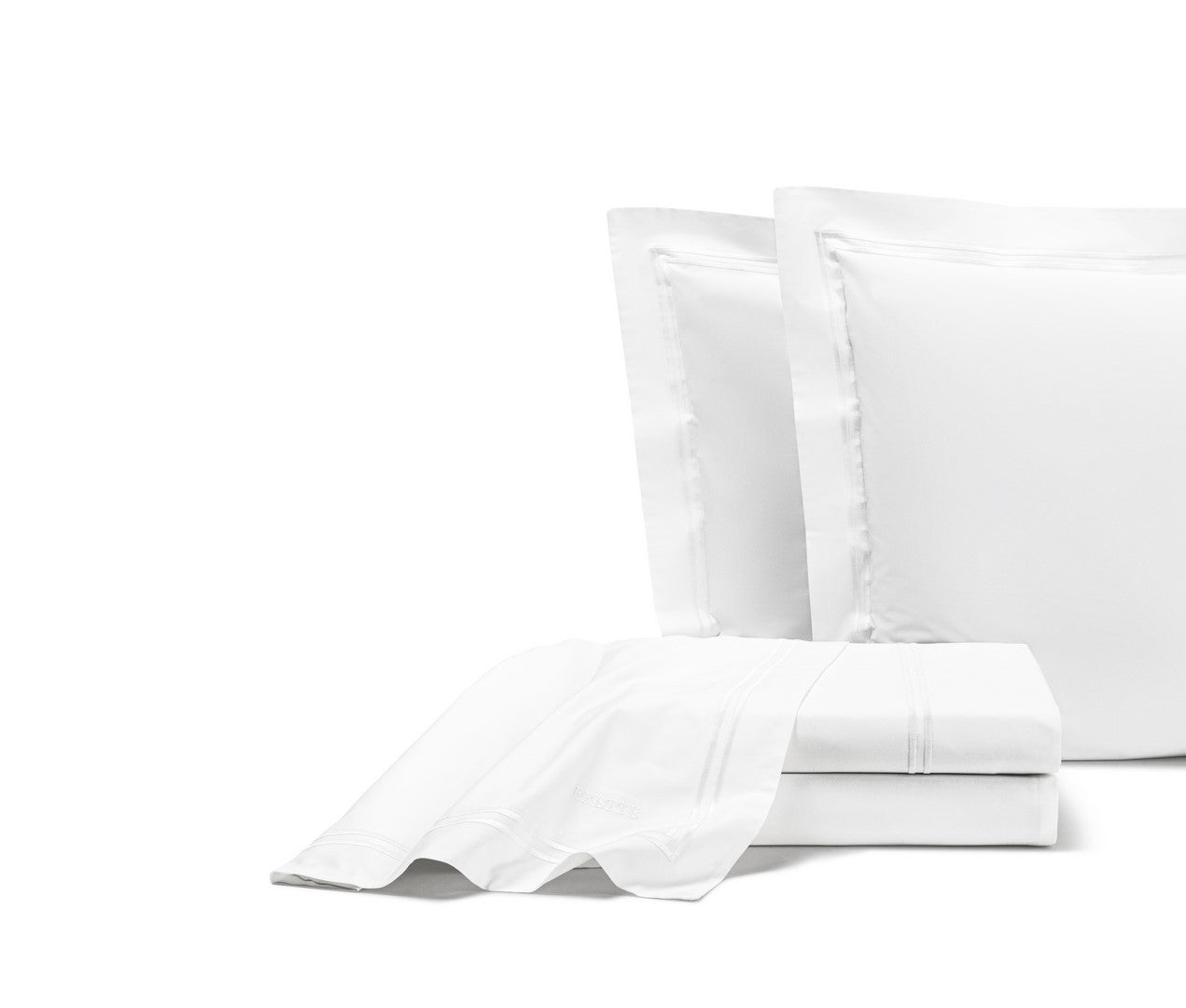 The Frette Classic | Sheet Set by Frette features neatly folded white cotton percale sheets with two matching pillowcases and a satin border, displayed on a white background—ideal for lovers of luxurious, elegant bedding.