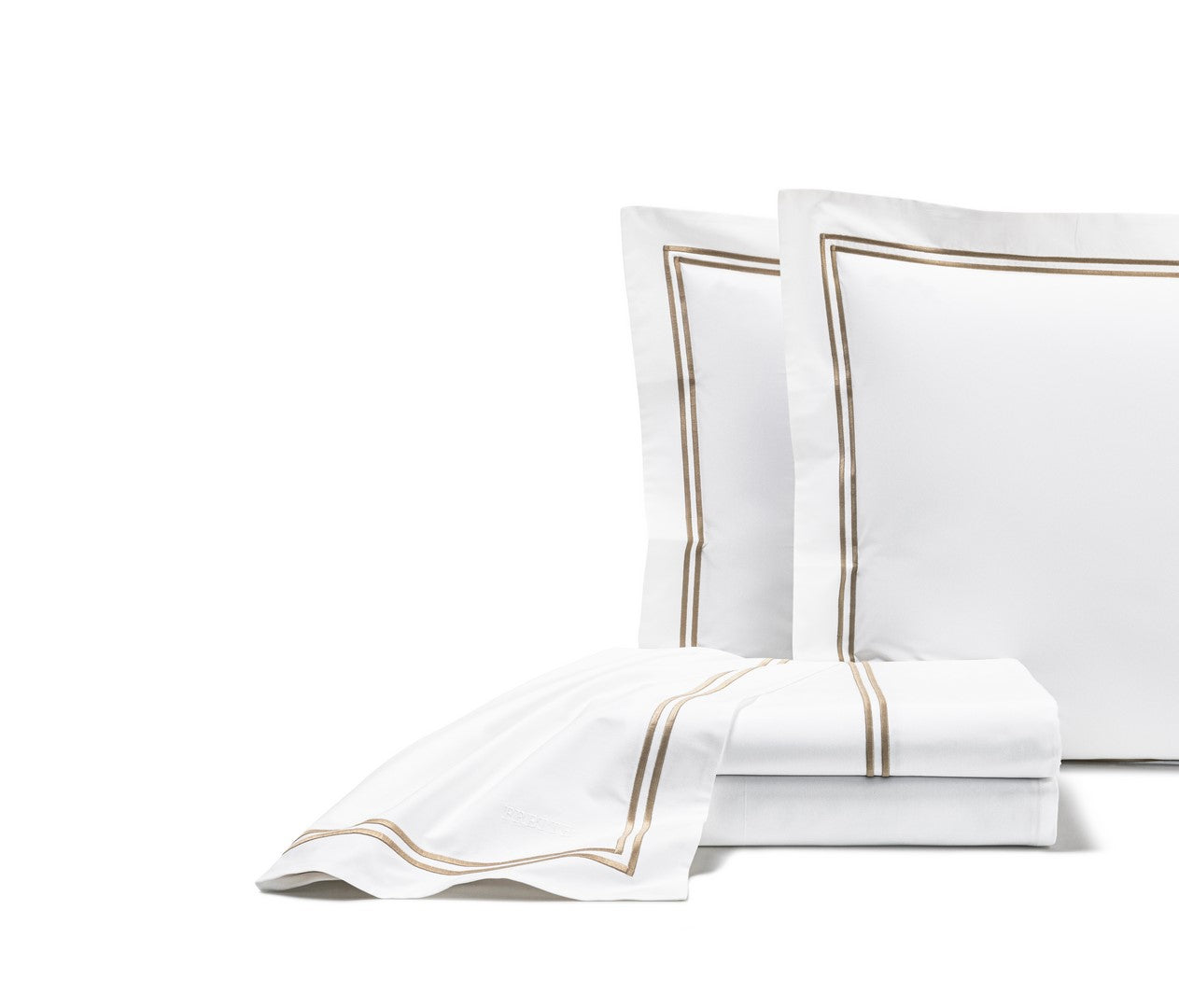 Frette Classic | Sheet Set by Frette: White cotton percale linens with gold double-line borders, includes two pillowcases and a folded sheet, displayed on a white background—an elegant luxury bedding choice.