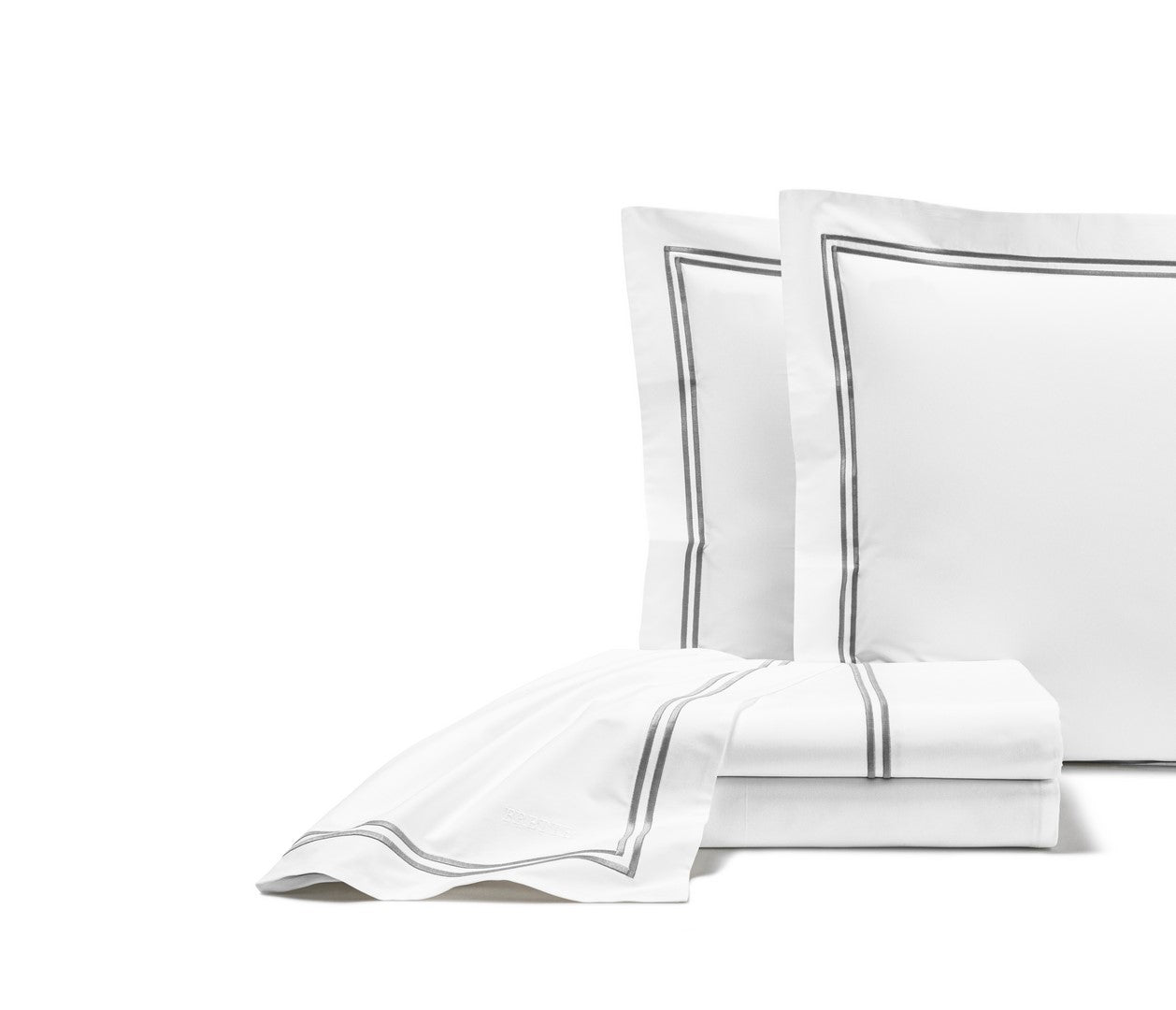 The Frette Classic | Sheet Set by Frette offers crisp white cotton percale sheets and two pillows, accented with a simple double-line gray border for subtle luxury.