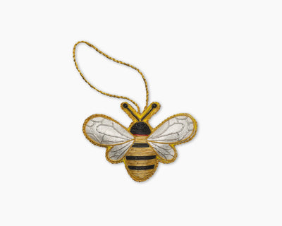 Henry Handwork embroidered bumble bee ornament with gold, black, and silver thread detailing.