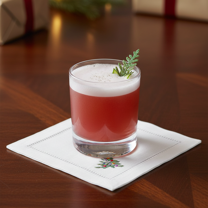 Red cocktail with foam and a garnish on a Christmas-themed napkin, with blurred gift boxes and lights in the background.