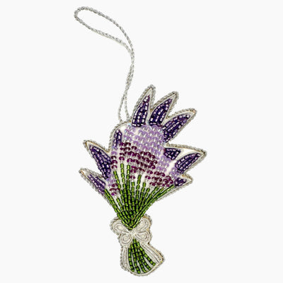 Henry Handwork beaded lavender bouquet ornament with silver cord loop.