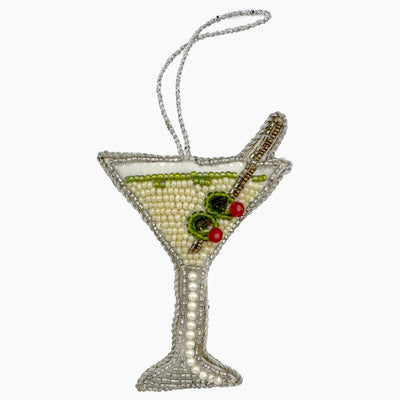 Henry Handwork beaded martini glass ornament with olive garnish in ivory and silver.