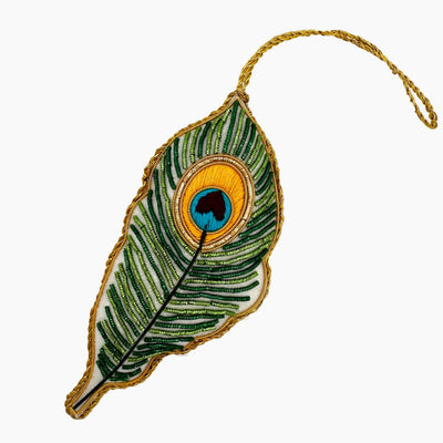 Henry Handwork embroidered peacock feather ornament with gold cord hanger.