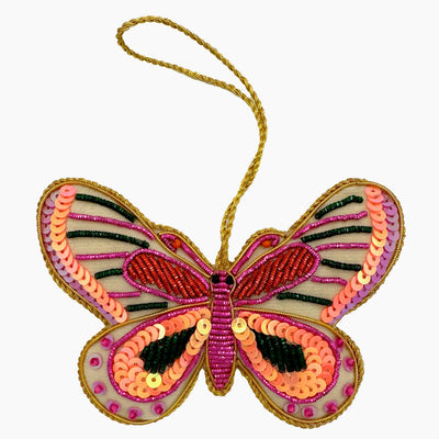 Henry Handwork pink sequin and bead butterfly ornament with gold hanging loop.