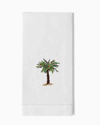 Henry Handwork white linen hand towel with embroidered holiday palm tree.