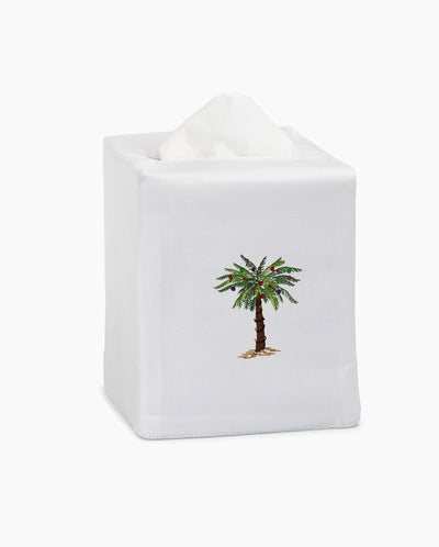 Henry Handwork Holiday Palm white linen tissue box cover with embroidered palm tree.
