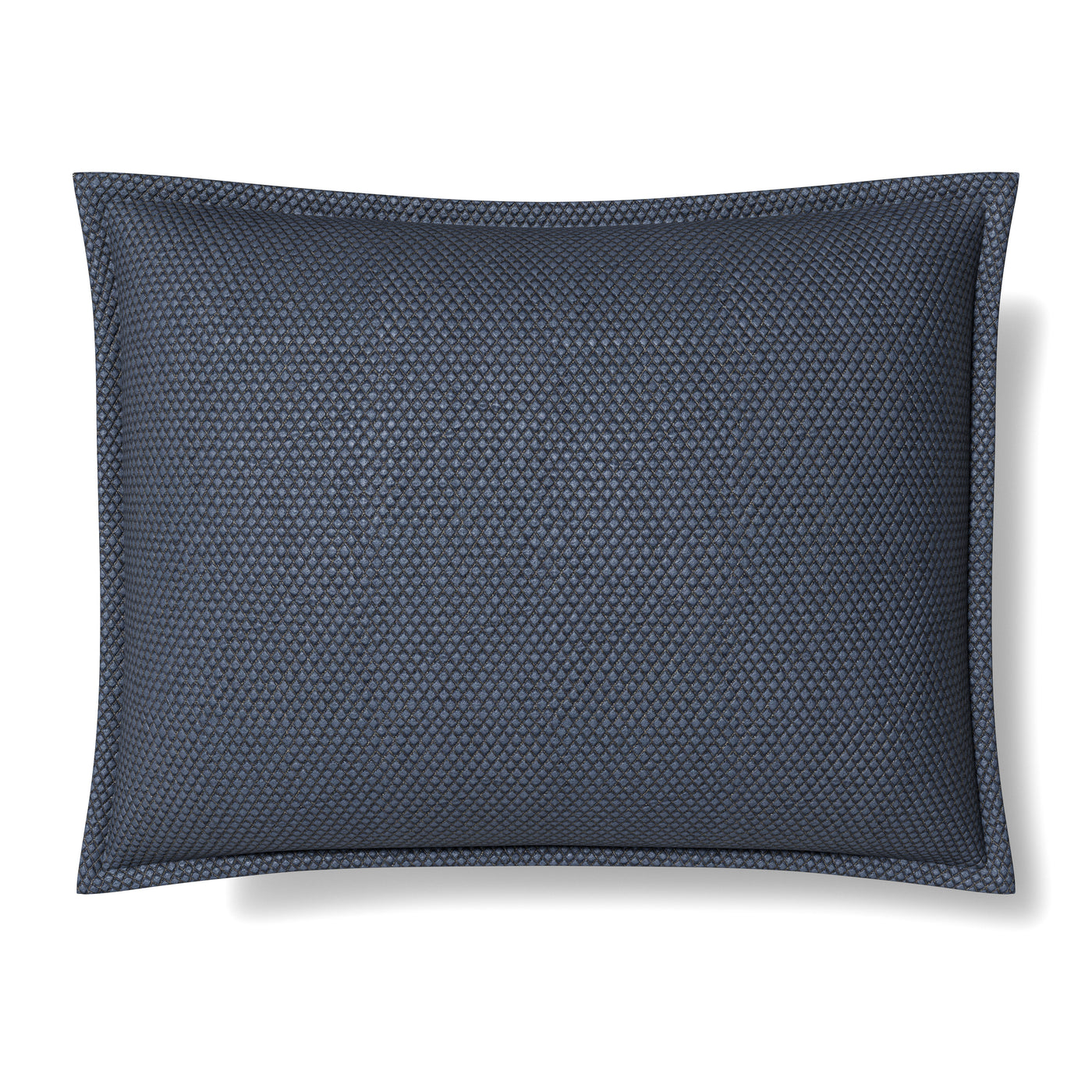 Ann Gish Hollywood pillow in navy with textured woven diamond pattern, flanged edge, overhead view.