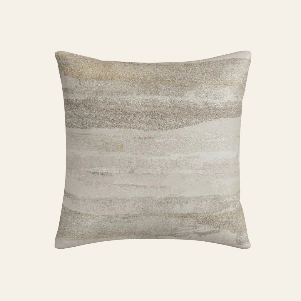 Ann Gish Horizon pillow in ivory and taupe with layered watercolor-style stripe pattern.