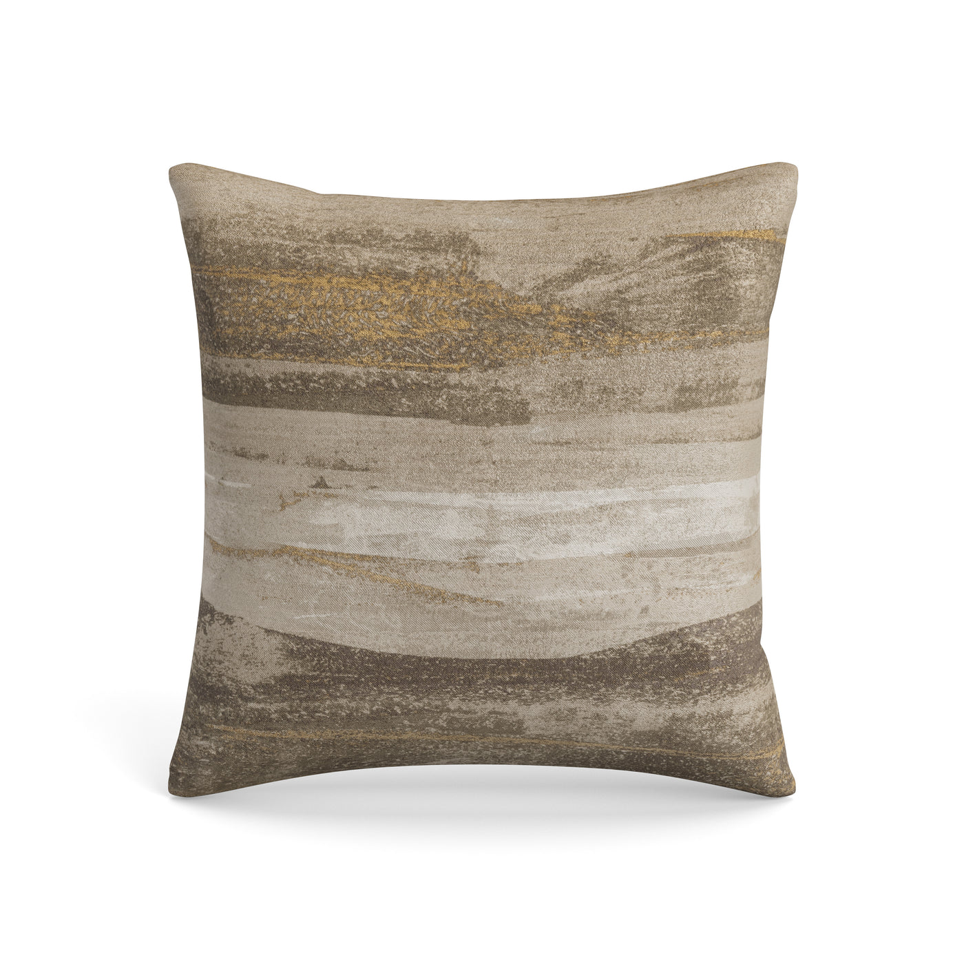 Ann Gish Horizon pillow with horizontal brushstroke pattern in taupe, sand, and gold tones.