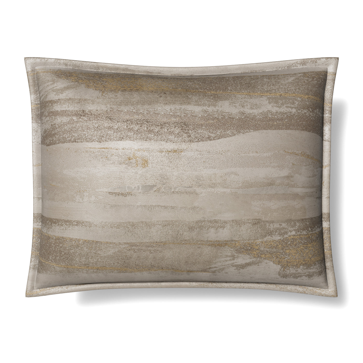 Ann Gish Horizon pillow sham with abstract brushstroke pattern in champagne and taupe tones.
