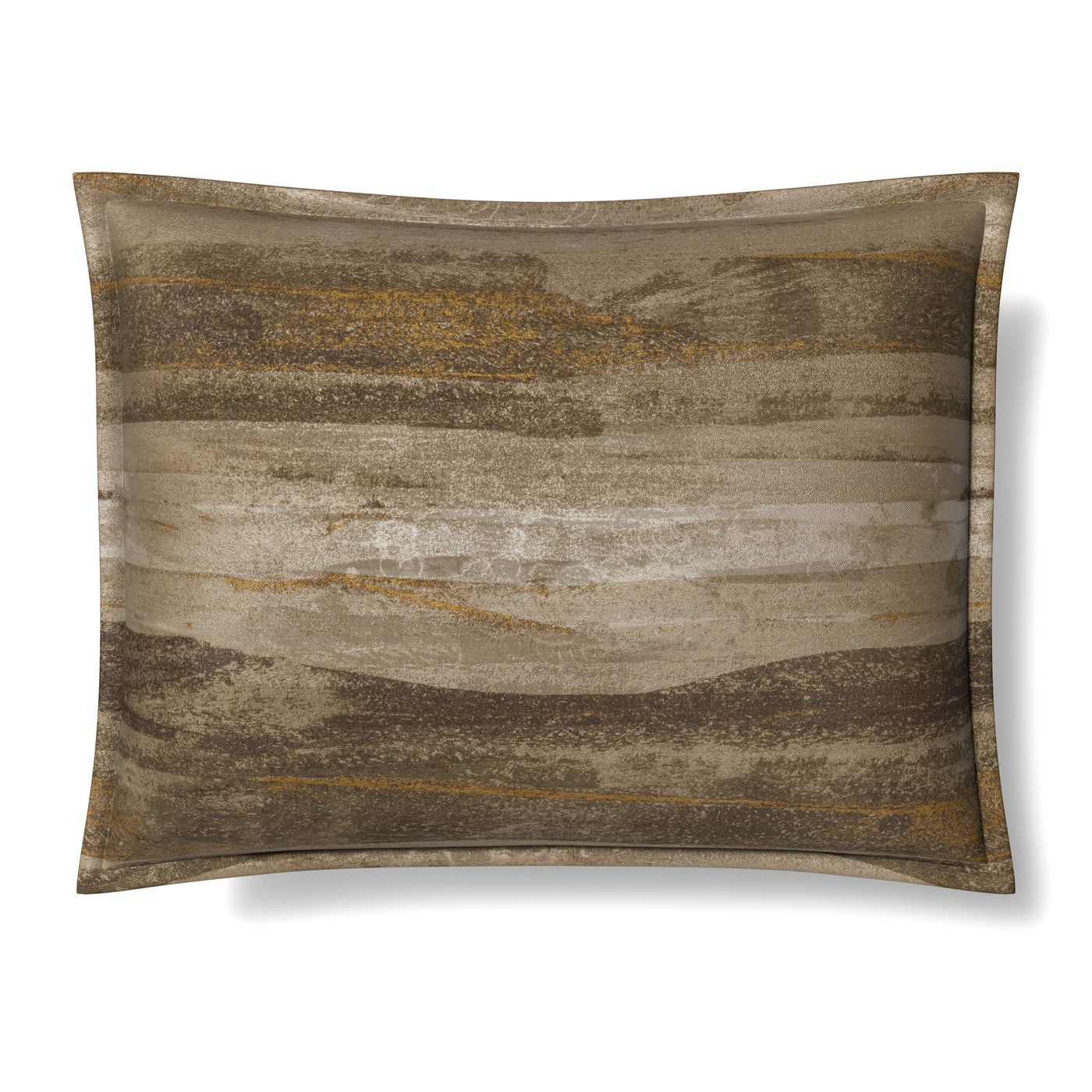 Ann Gish Horizon pillow in earth tones, close-up of brushstroke-pattern velvet with gold accents.