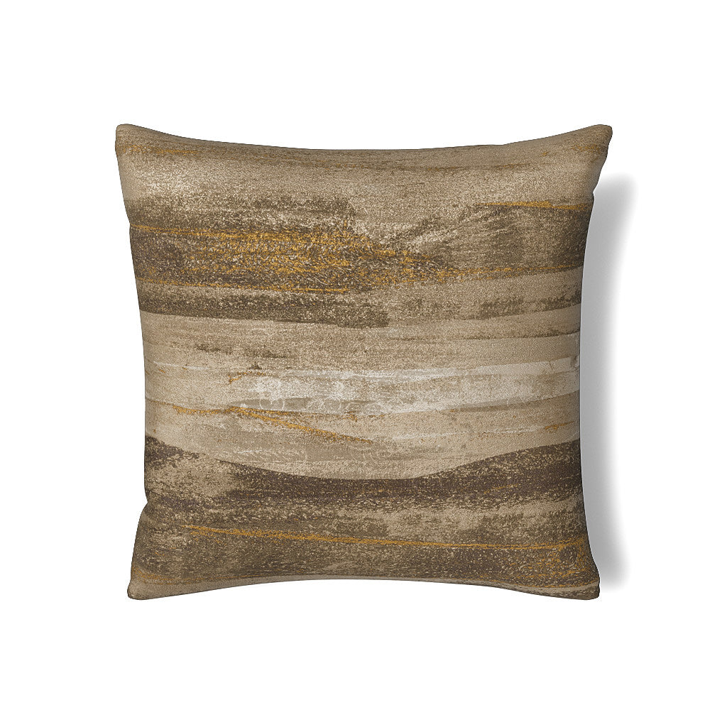Close-up of Ann Gish Horizon sham in earthy taupe and gold brushstroke pattern.