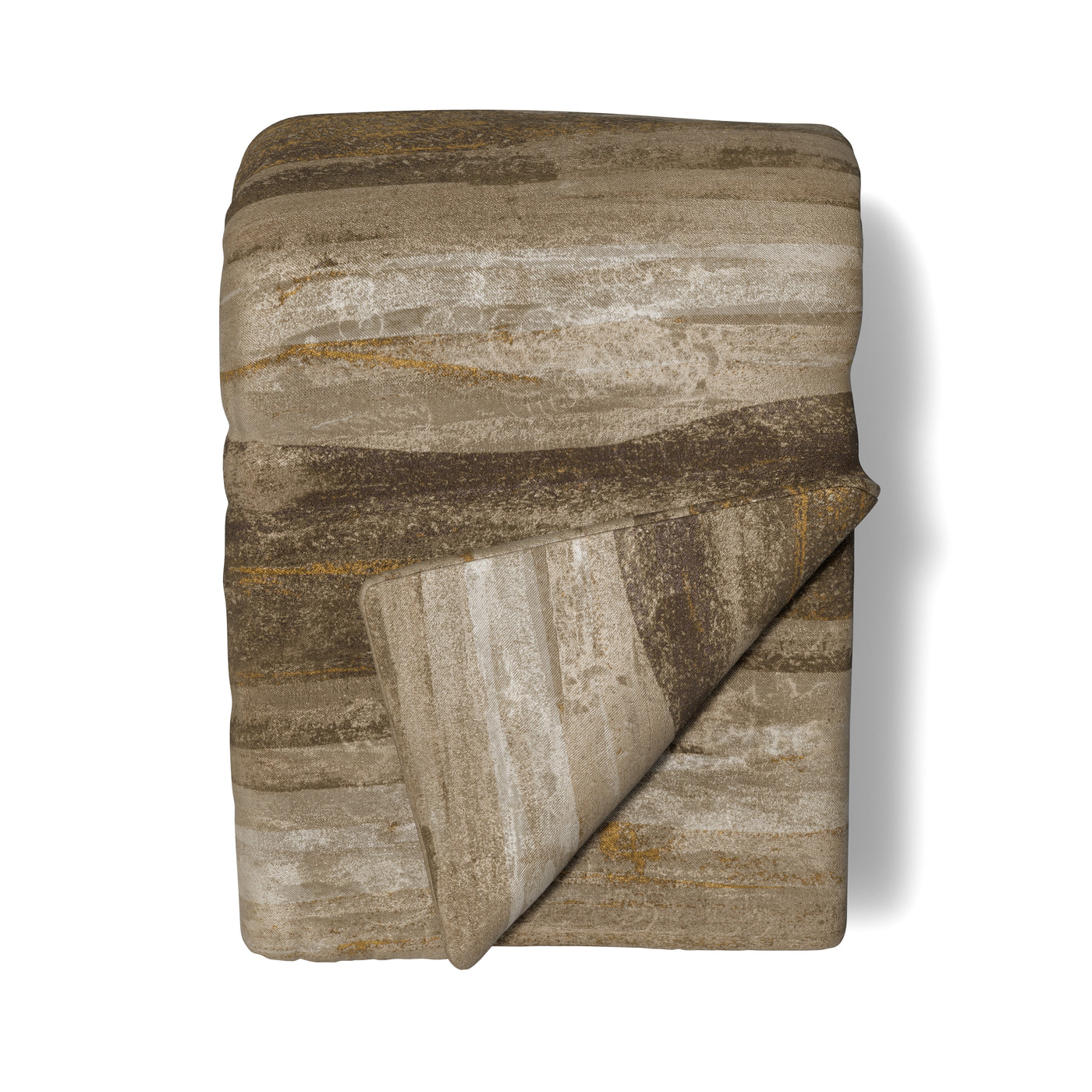 Folded Ann Gish Horizon throw showing earth-toned striped pattern with taupe, brown, and gold.