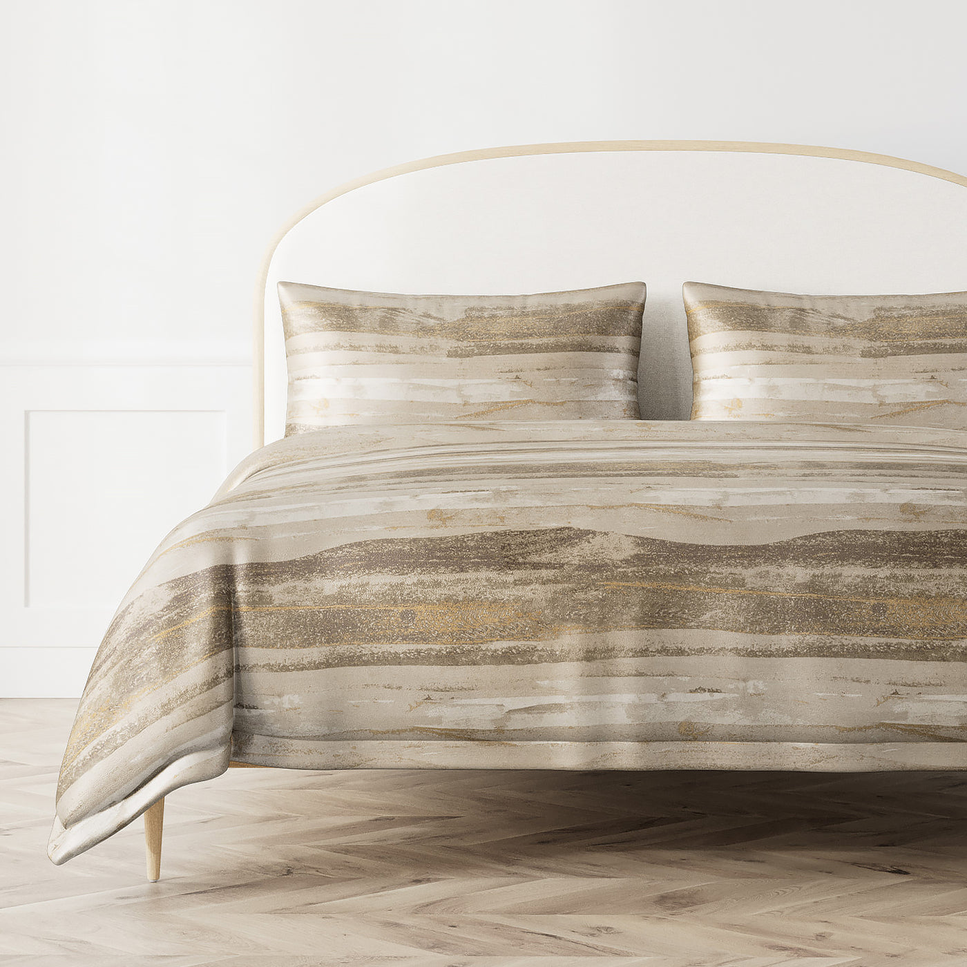 Duvet cover and shams styled on bed, showing full sand-toned horizontal stripe pattern.