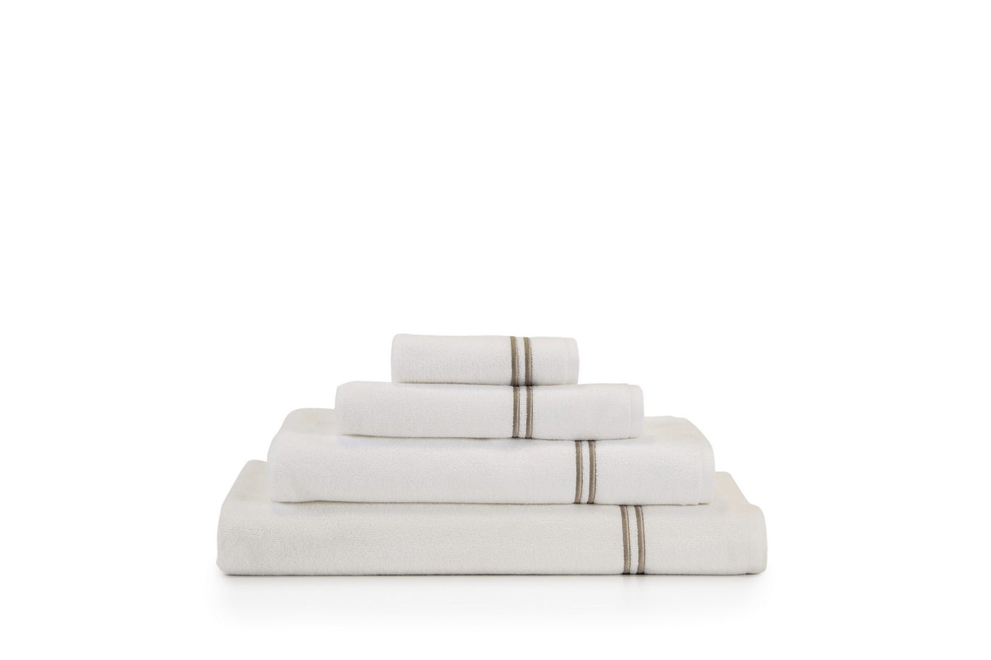 A neatly folded stack of Frette Classic Wash Cloths, each white with a thin brown stripe near one edge from Frette’s luxury bath collection, arranged against a plain white background.