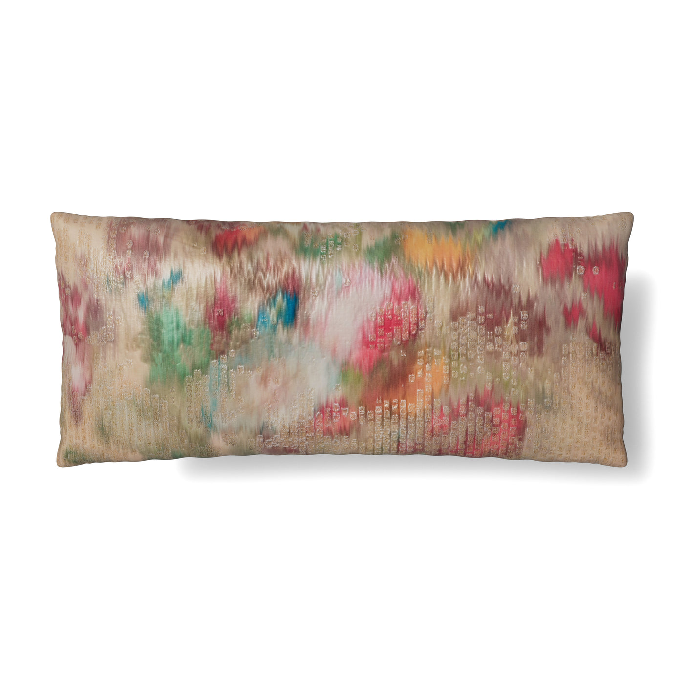 Close-up of Ann Gish Ibiza pillow showing abstract floral print in coral, teal, and gold tones.