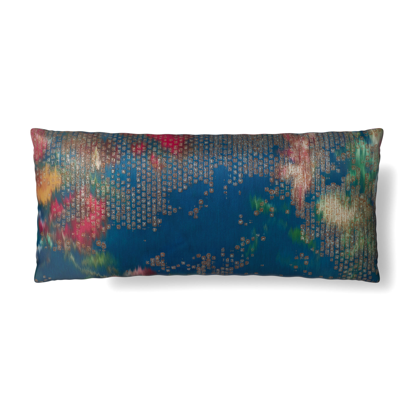 Ann Gish Ibiza lumbar pillow in teal with multicolor floral and dot pattern.