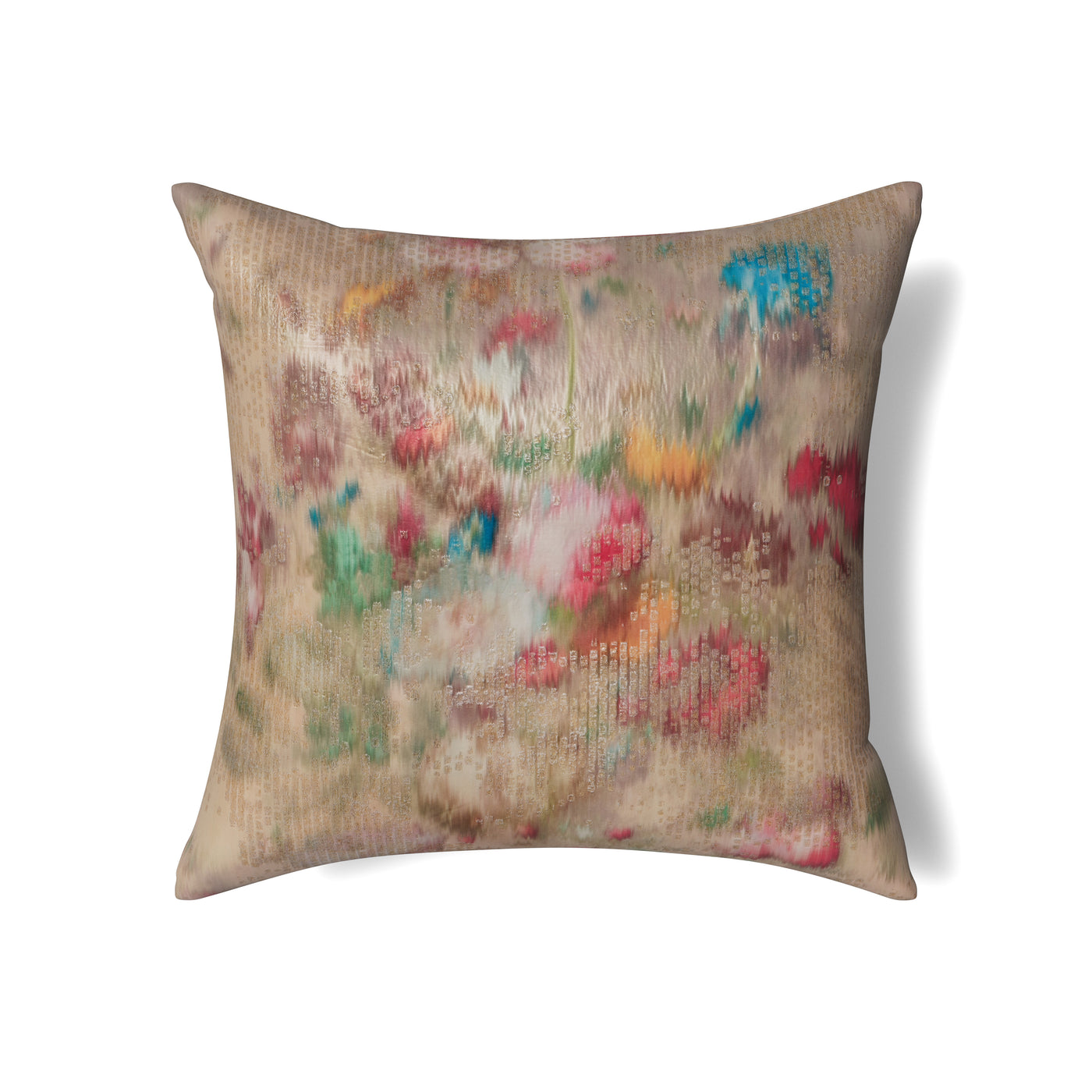 Reverse side showing subtle woven texture in warm sand tone.

Wait, I can see the pillow has a blurred floral print in multicolor on a sand background. Let me write proper alt text.

Blurred multicolor floral print cushion on sand ground, front view.