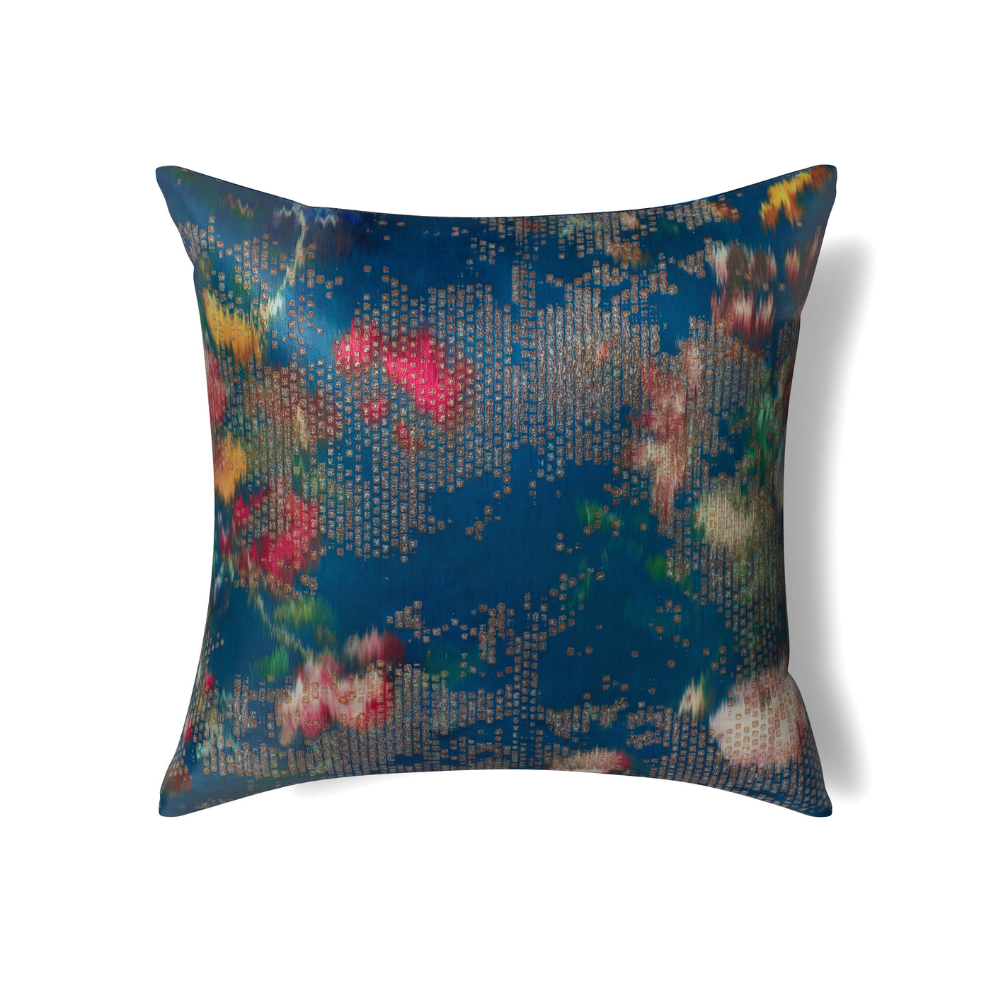 Ann Gish Ibiza pillow in deep blue with pixelated floral dot pattern, front view.