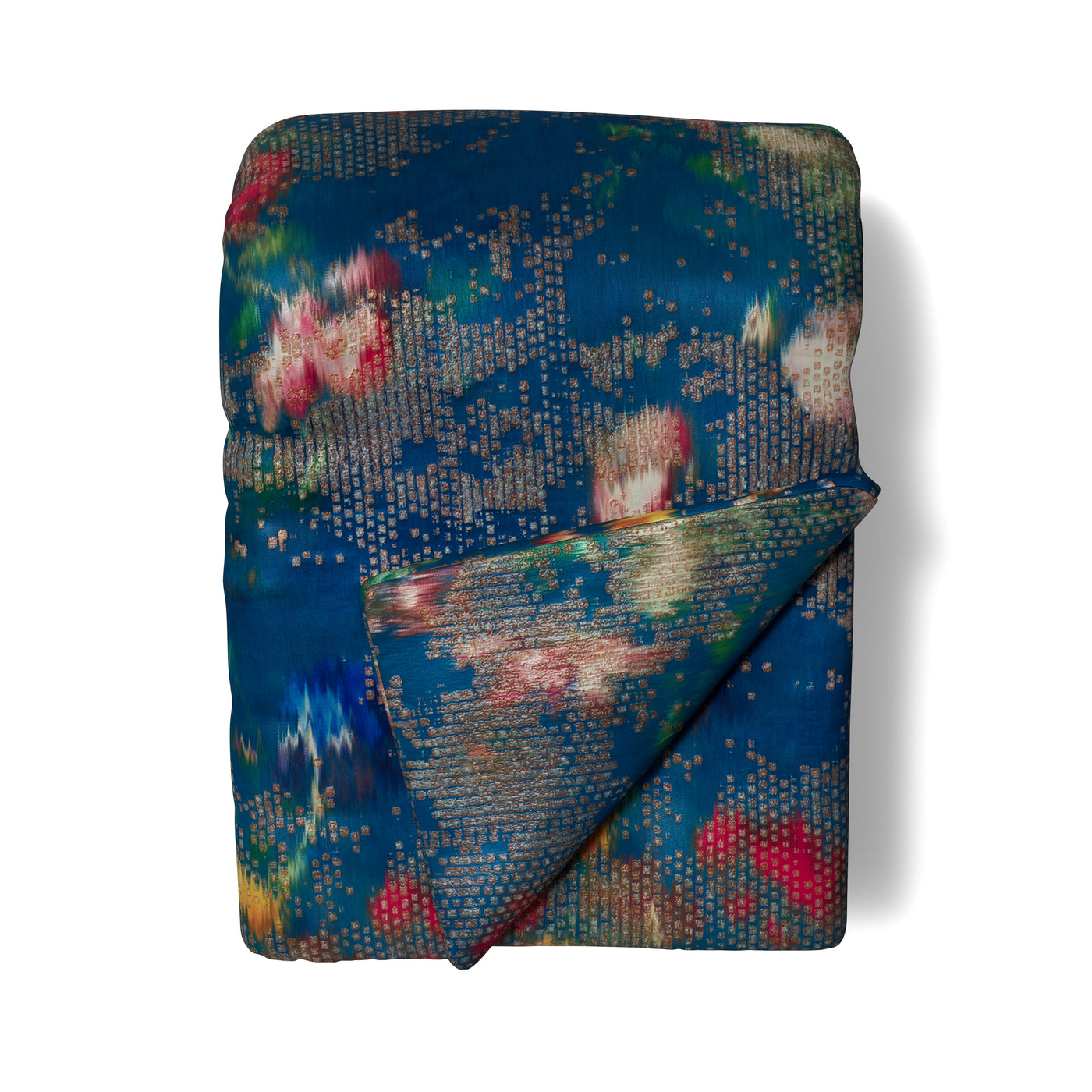 Folded Ann Gish Ibiza throw showing reverse side, teal with multicolor floral pixel print.