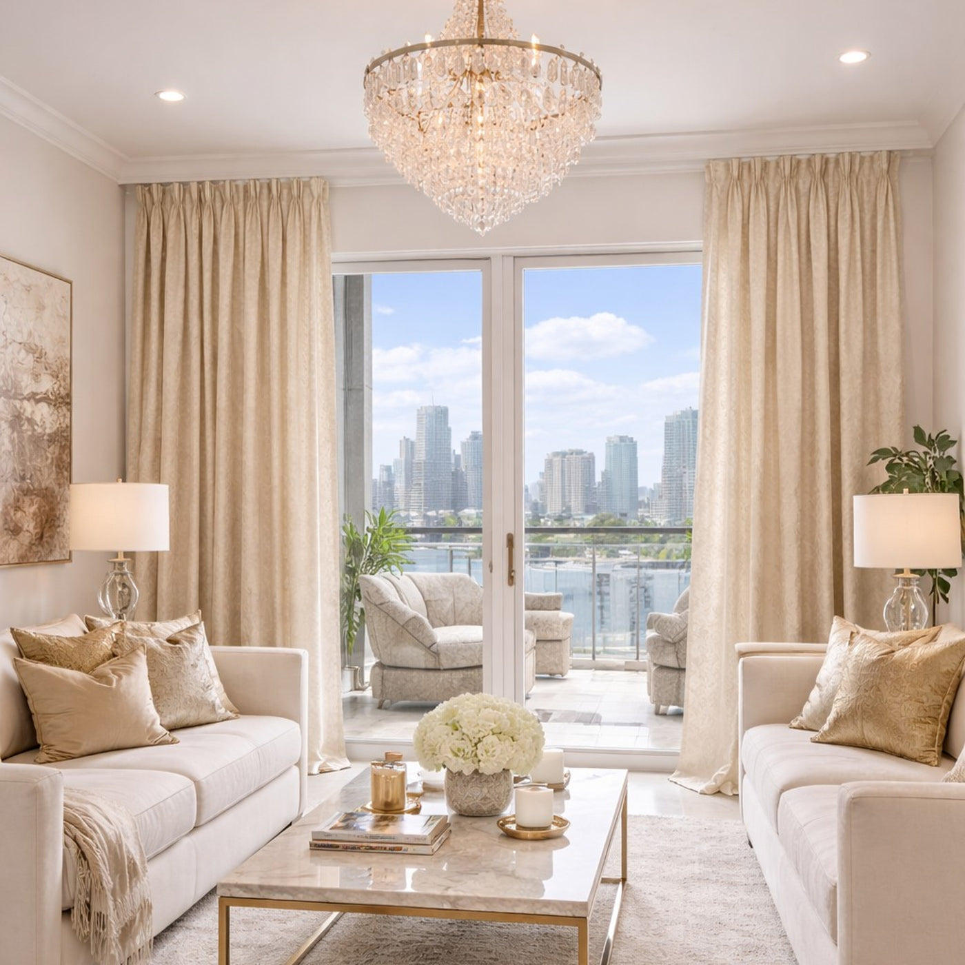 Ann Gish Imprint curtain panels in champagne, styled floor-to-ceiling in a sunlit waterfront living room.