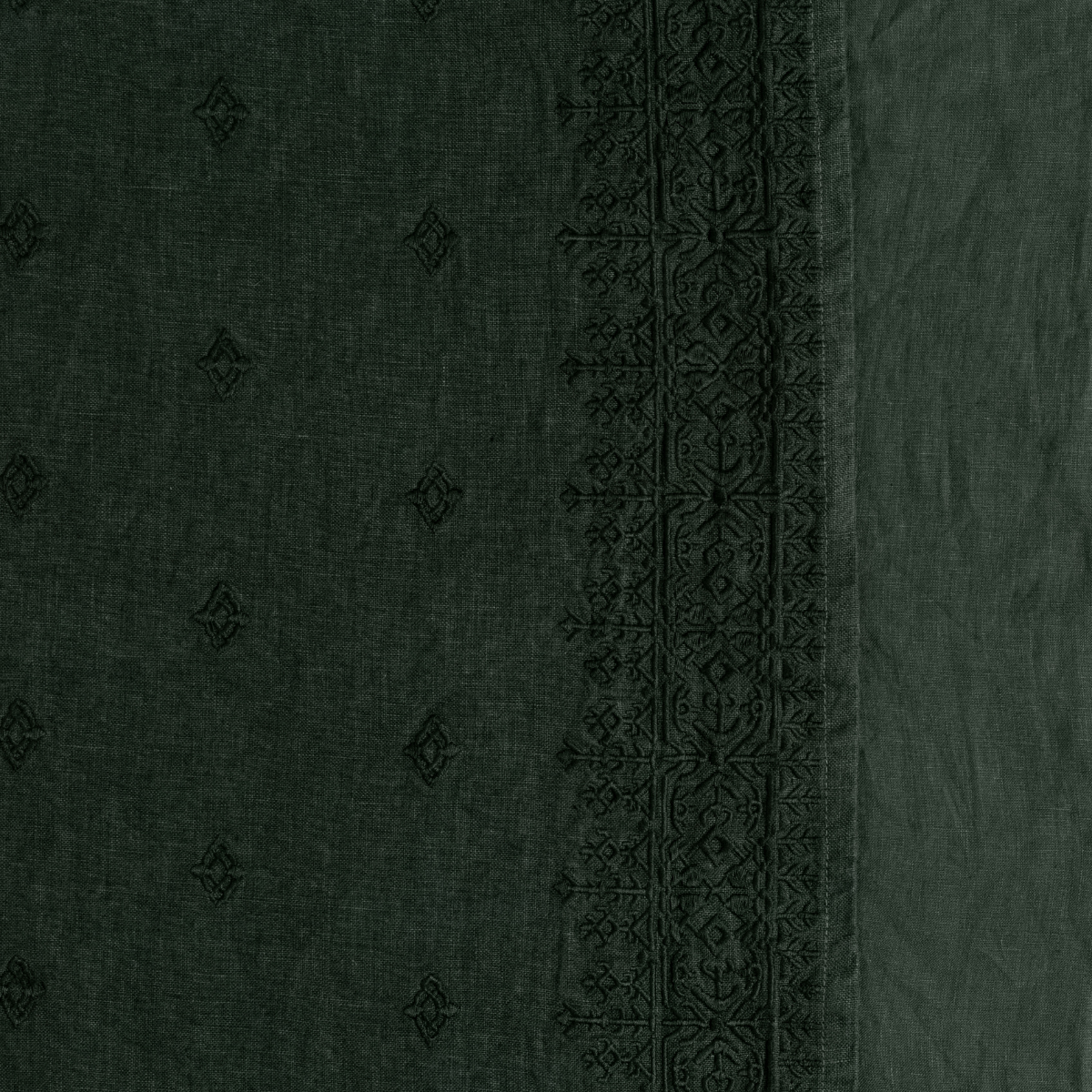 Close-up of Bella Notte Ines sham in Juniper, showing diamond embroidery and ornate border trim.