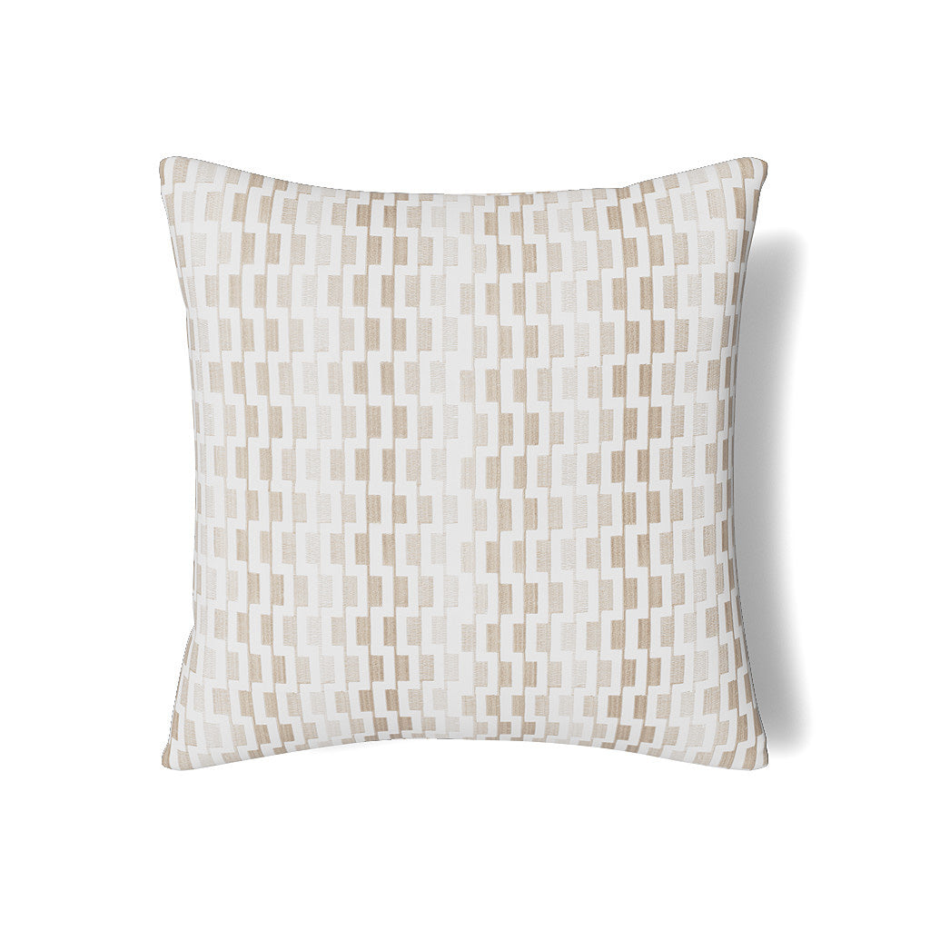 Ann Gish Ingot pillow, ivory ground with taupe geometric dash pattern, full front view.