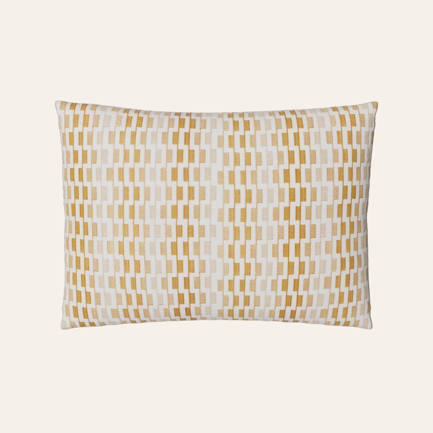 Ann Gish Ingot sham in gold and ivory woven geometric brick pattern.