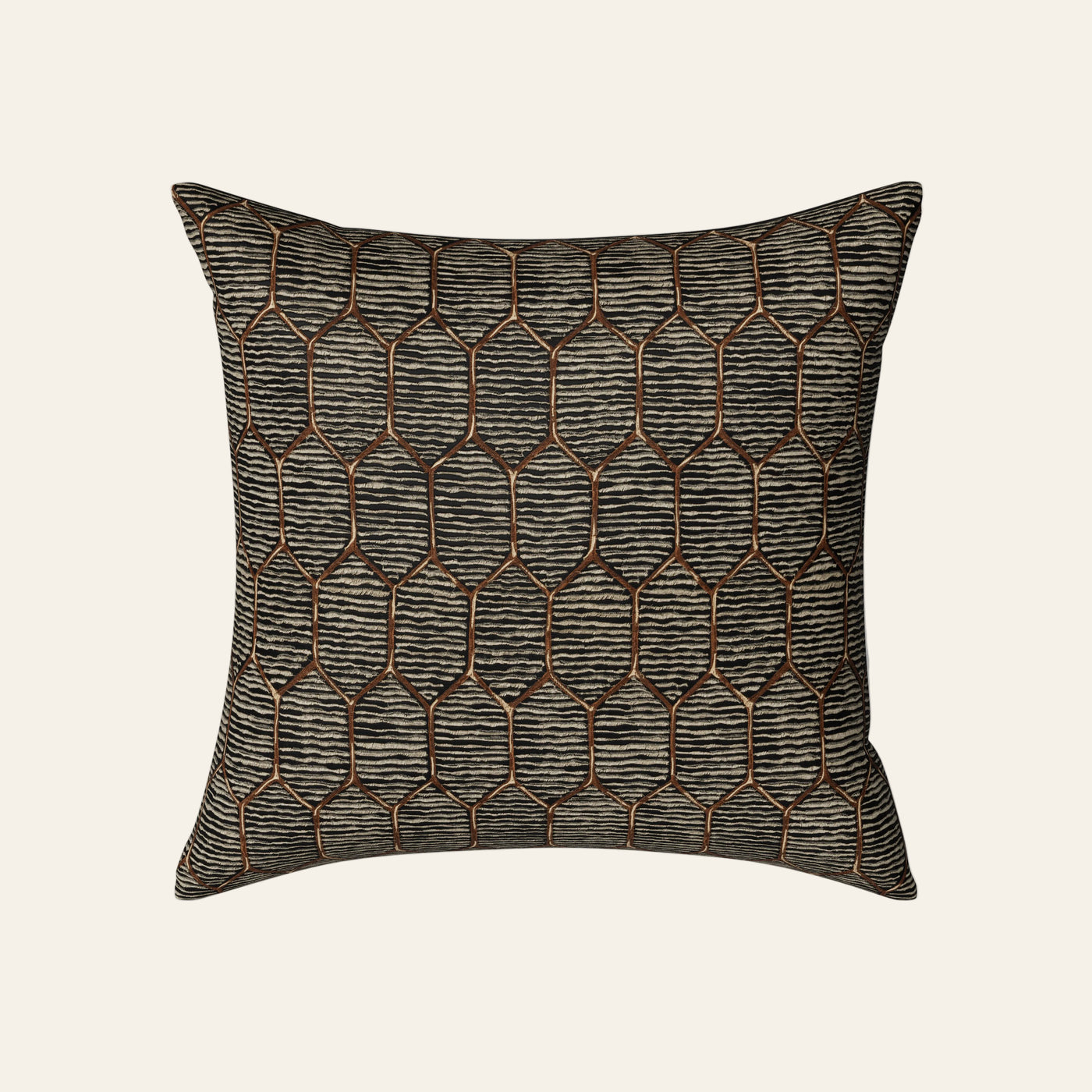Ann Gish Inro pillow in charcoal with bronze geometric honeycomb embroidered pattern.