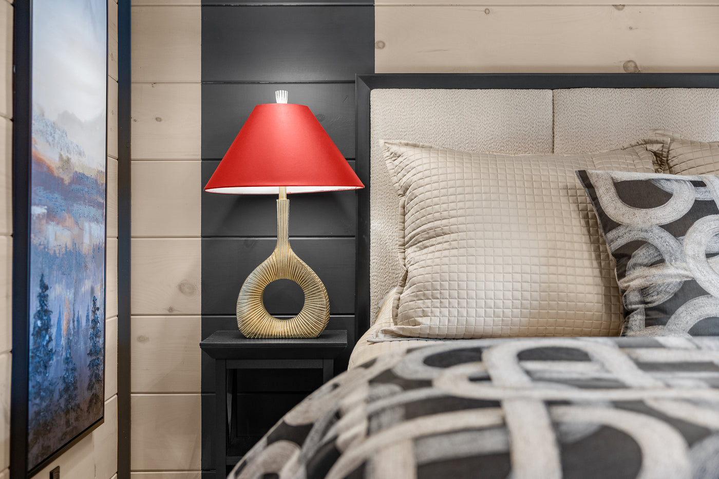 Ann Gish Interchange duvet cover in grey and white geometric pattern, styled on a made bed.