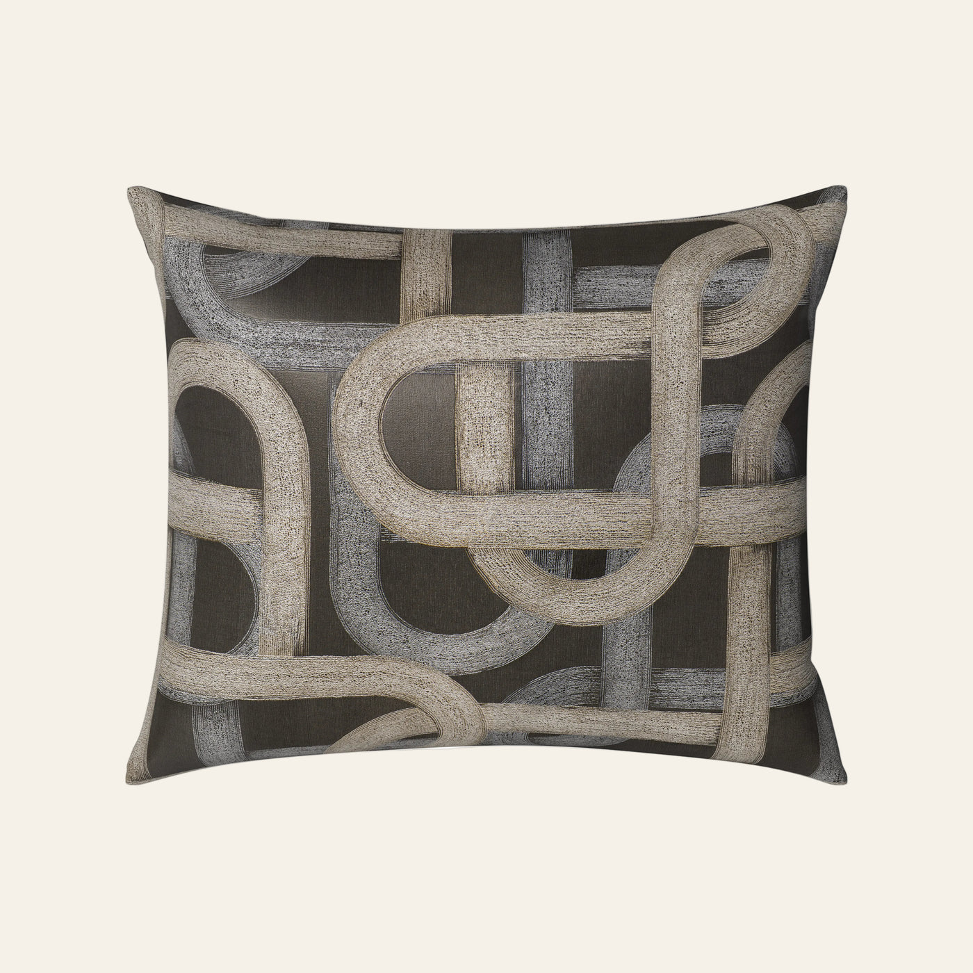 Ann Gish Interchange pillow with interlocking loop pattern in charcoal and taupe.