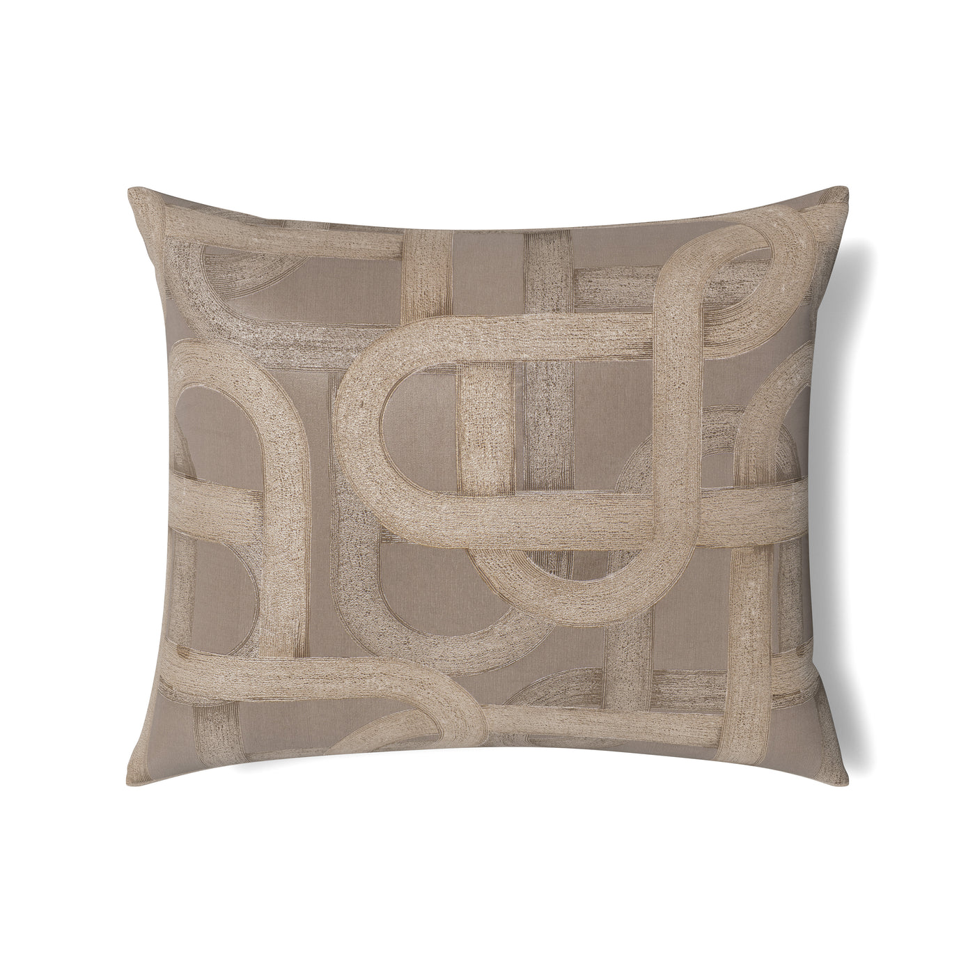 Taupe pillow with tone-on-tone looping chain embroidery, shown against white background.