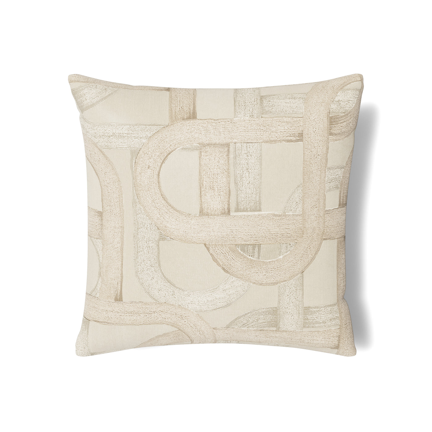 Close-up of Ann Gish Interchange sham with ivory geometric embroidery on champagne ground.