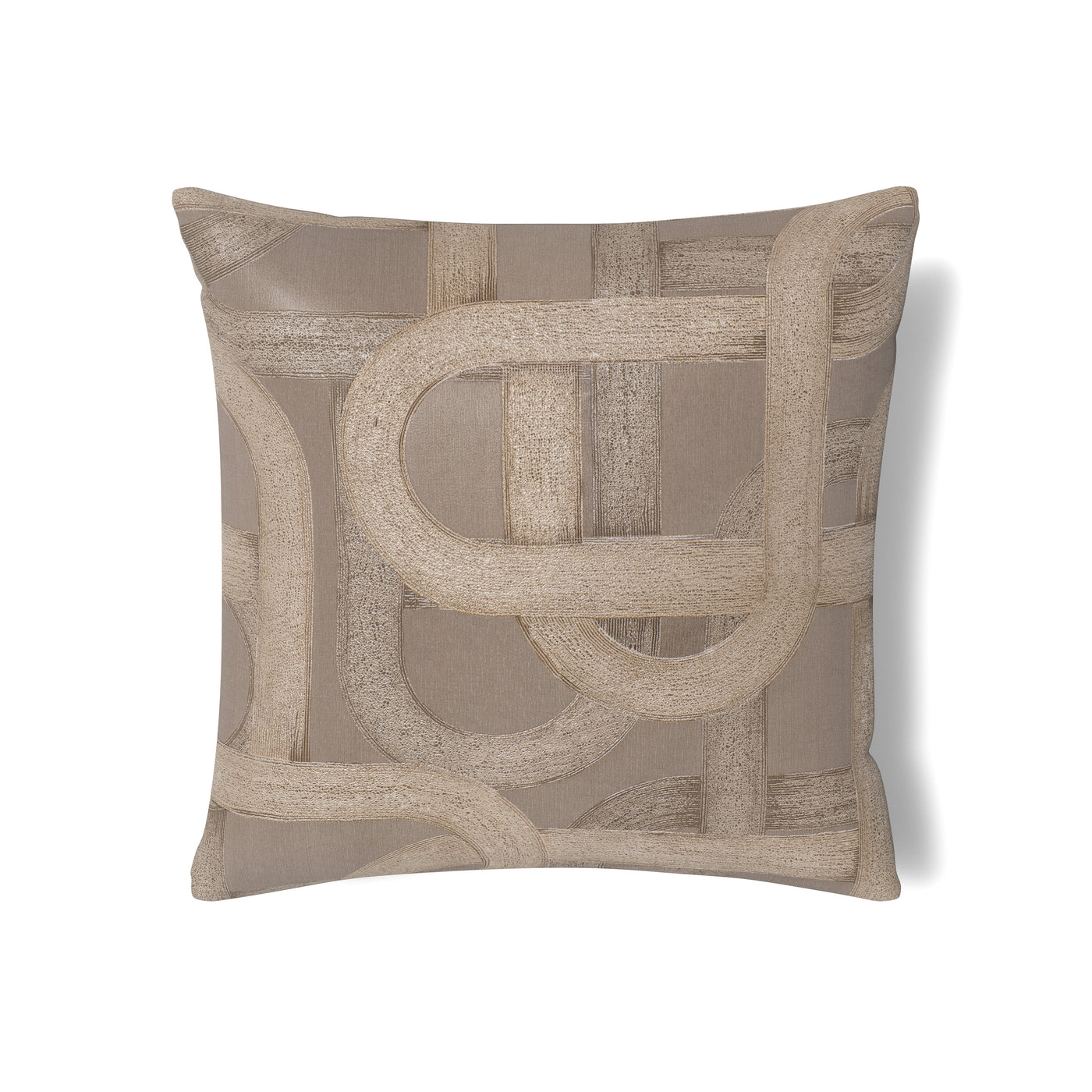 Close-up of Ann Gish Interchange sham in taupe with looping textured embroidery detail.