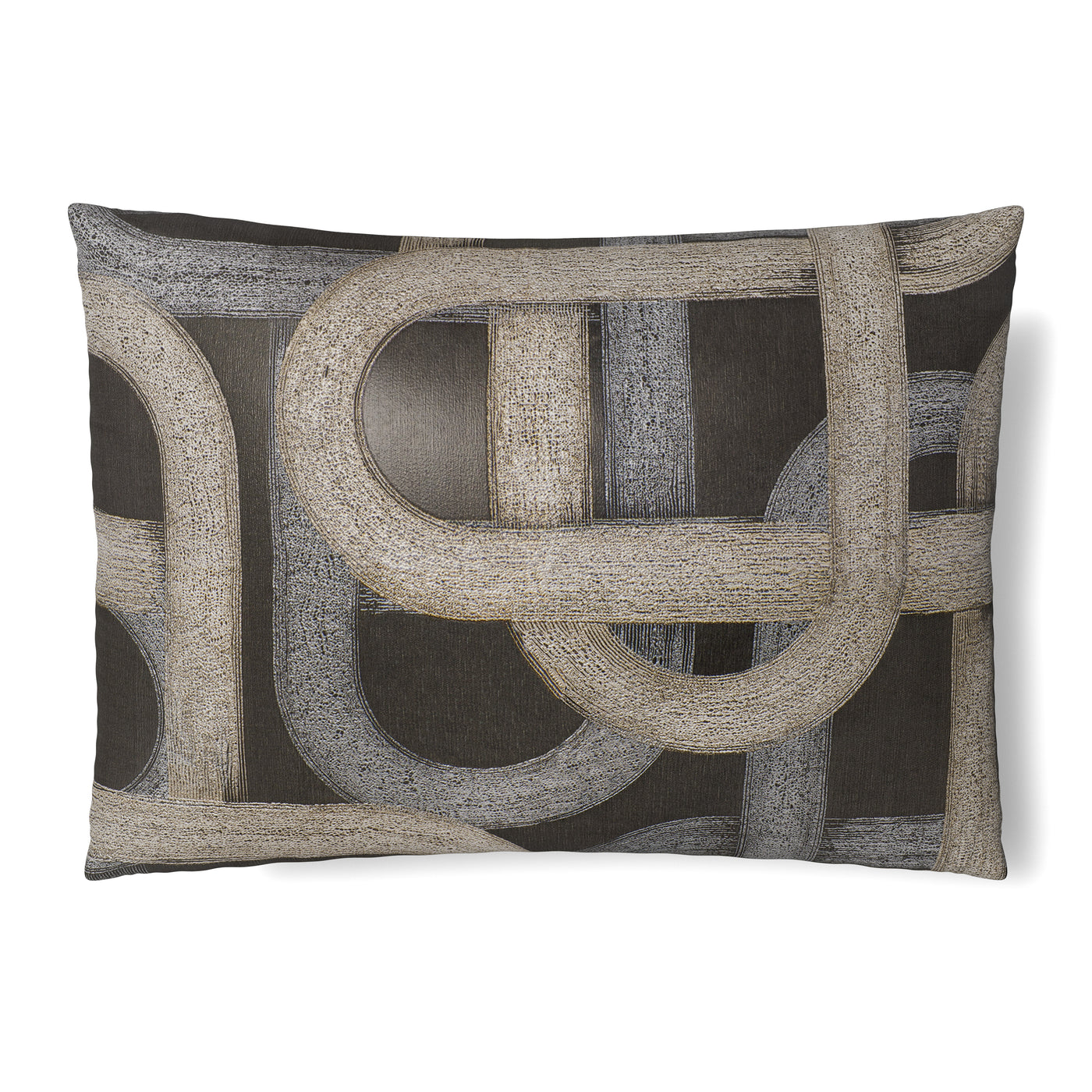 Ann Gish Interchange sham with interlocking loop pattern in charcoal and stone tones.