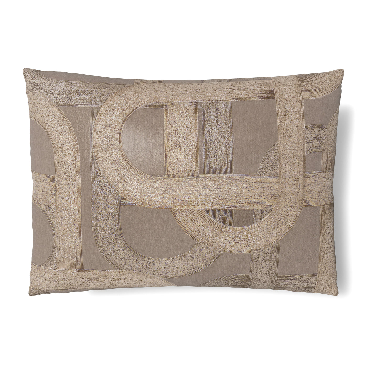 Ann Gish Interchange sham in taupe with raised curvilinear embroidered pattern, full front view.