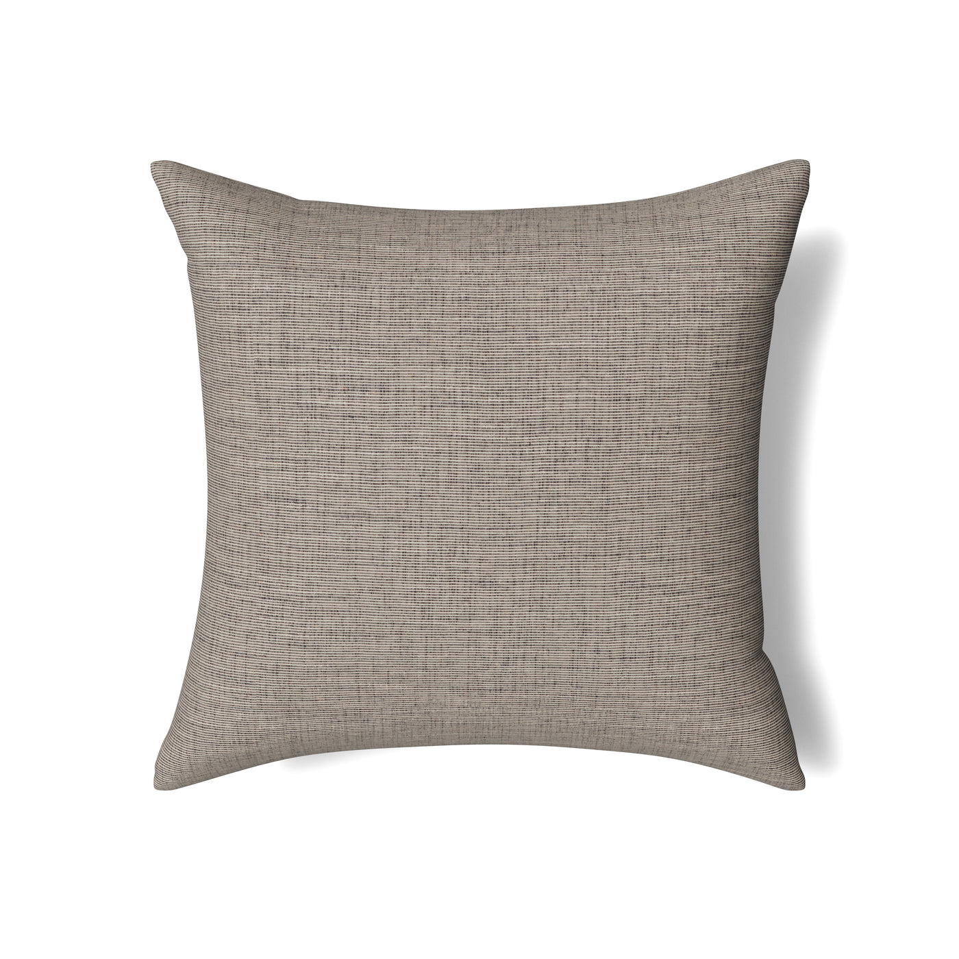 Close-up of Ann Gish Isla pillow in taupe, showing woven linen-like texture on white background.