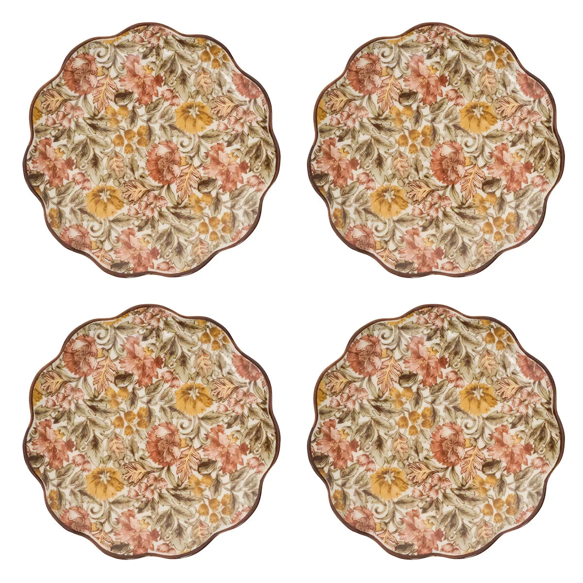Juliska Willa set of four scalloped cocktail plates with a rose, gold and olive floral pattern